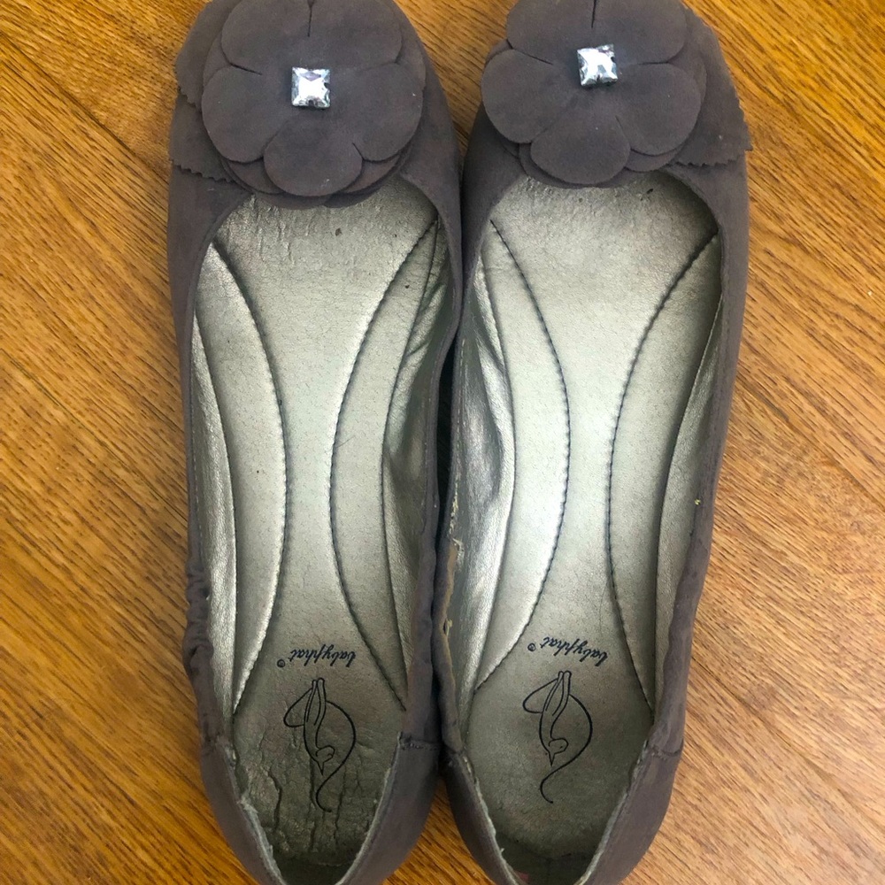 Hardly used grey velvet rhinestone women’s flat shoes size 9